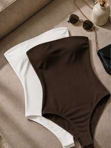Women Bodysuits - 白色和棕色 - 查看 1