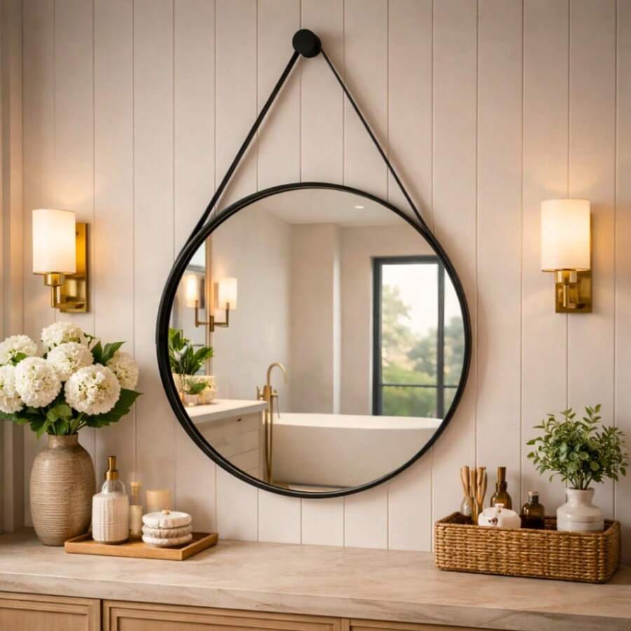 Espelho Redondo em Couro com Alça 30, 40 e 50 Cm  Decorativo Escandinavo Elegante Minimalista Versatil - PRETO - Visão 1