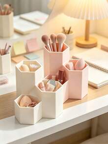 1pc 3 Grid Spliced Hexagonal Pen Holder, Multi-Compartment Makeup Brush Organizer, Desktop Storage Caddy For Office School Vanity Table Pencil Case Storage Organizer School - Multicolor - View 4