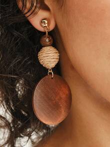 Nocturel 2pcs Brown Wood & Rattan Woven Bead & Disc Dangle Earrings - Multicolor - View 2