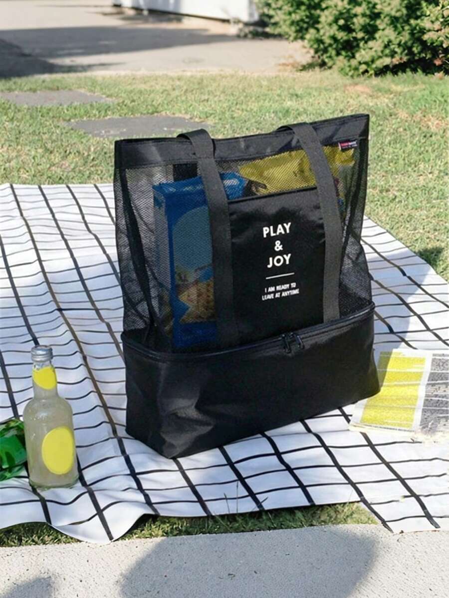 Portable Large Capacity Insulation Bag Handbag Beach Pouch For Schools,Outdoor Activities,Vacations,Travel,Outings,Work,Business,Commuting,School - Black - View 1