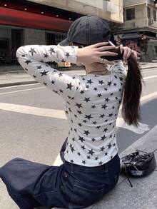 Rikumo 秋季新款星星印花打結V領長袖T恤，薄款修身顯瘦上衣 - 杏色 - 查看 3