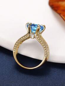 1 buah Cincin Wanita Bertema Kubik Zirkonia, Cocok untuk Pernikahan, Pertunangan, dan Hadiah Hari Valentine - Kuning keemasan + biru laut - View 6