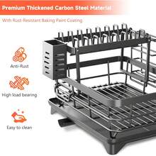 2 Layer Dish Drying Rack Kitchen Sink Drainer With Drainboard,Cup Holder,Plate Rack,Spoon Holder,Bowl Rack,Chopping Board Rack,2PCS Sponge Brush - Black - View 9