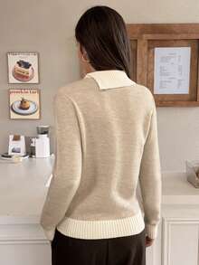 Colorblock Loose Fit Collared Elegant Women's Sweater, Autumn/Winter Fall - Apricot - View 9