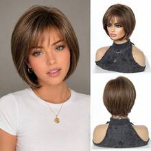 8 Inch Brown Highlight Short Bob Wig With Bangs For Women, Heat Resistant Synthetic Machine Made Wig, Beginner Friendly Ladies Wig, Great For Daily Wear, Halloween, Christmas, Music Festivals, Cosplay, Ideal Festival Gift For Girls For Ramadan & Eid - Multicolor - View 12