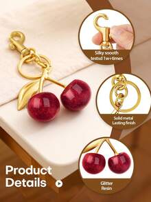 1pc Glitter Resin Cherry Bag Charm, Sweet Fruit Keychain With Lobster Clasp, Fashion Handbag Pendant Key Ring Accessory, Gift For Women And Girls - Cherry - View 6