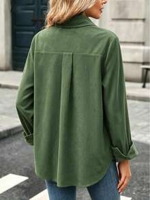 Women's Autumn/Winter Corduroy Front Button Embroidered Button Office Shirt - Green - View 4