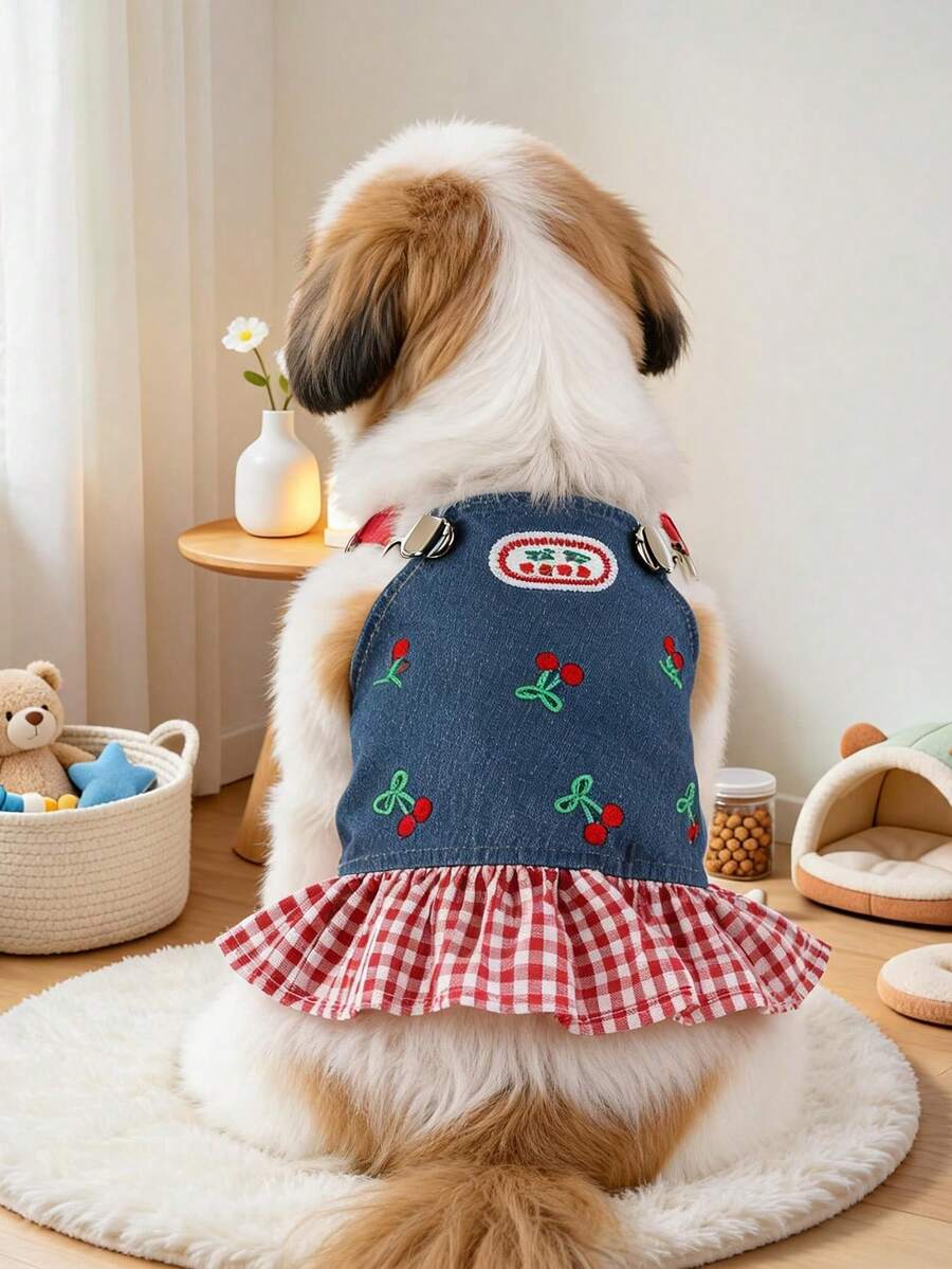 PETCIRCLE 1件寵物衣服 小狗幼犬可愛甜美風 無袖簡約百搭櫻桃吊帶裙 春秋款 - 彩色 - 查看 1