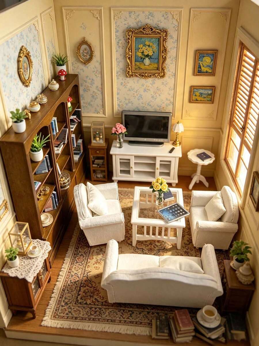 1 Set Miniature Dollhouse Living Room Fabric Decor Set In Cream White, Suitable For Luxury Dollhouse Scene Setup, Miniature Scene Photography, Collectible Figure Display, DIY Miniature House, Gentle Pastoral Living Room Decor For Girls, Birthday And Christmas Gift, Fun And One-Stop Solution To Create A Tidy, Cozy, Healing Mini Home World - Multicolor - View 1