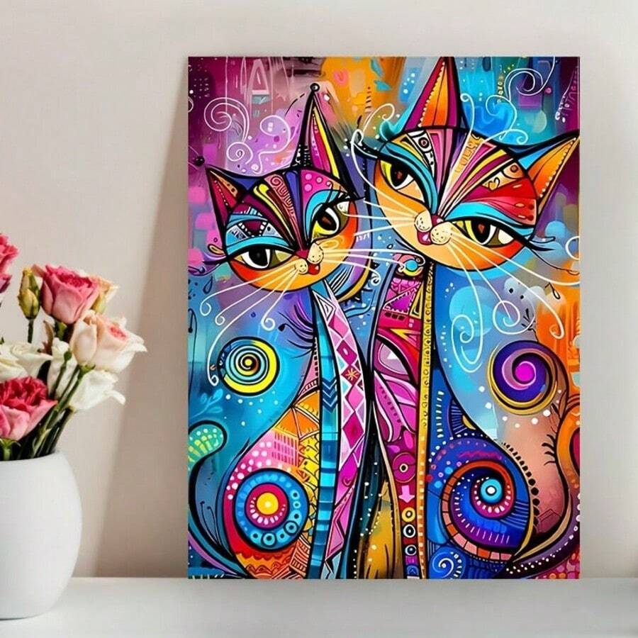 Colorful Abstract Cat Canvas Art Print, 12x16" - Frameless Modern Wall Decor For Living Room, Bedroom, Office, And Bar - A - View 1