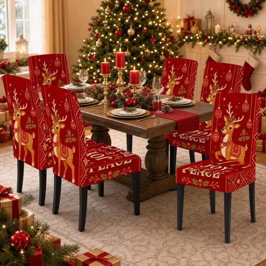 1/2/4/6/8pcs Christmas Tree & Deer Pattern Elastic Chair Covers, Removable, Washable, Easy To Clean, Suitable For All Seasons, Perfect For Holiday Home Decor, Ideal For Dining Room, Living Room And Kitchen