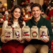 1/6/12pcs,Christmas Burlap Gift Bags, Christmas Gift Bags, Reusable Drawstring Bags, 5 Christmas-Themed Designs Randomly Shipped, Suitable For Christmas Party Favors, Birthday Gifts, Christmas Tree Decorations - Multicolor - View 5
