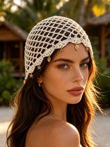 1pc Women's Bohemian Hollow Handmade Hat Band With Starfish & Shell Pendant, Vintage Crochet Knit Hat, Vacation Decorative Accessory For Photos, Suitable For Daily & Vacation Wear - Small Sequin Pendant - View 3