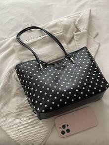 1pc Black Large Capacity Polka Dot PU Tote Bag Women's Shoulder Bag - Black - View 4
