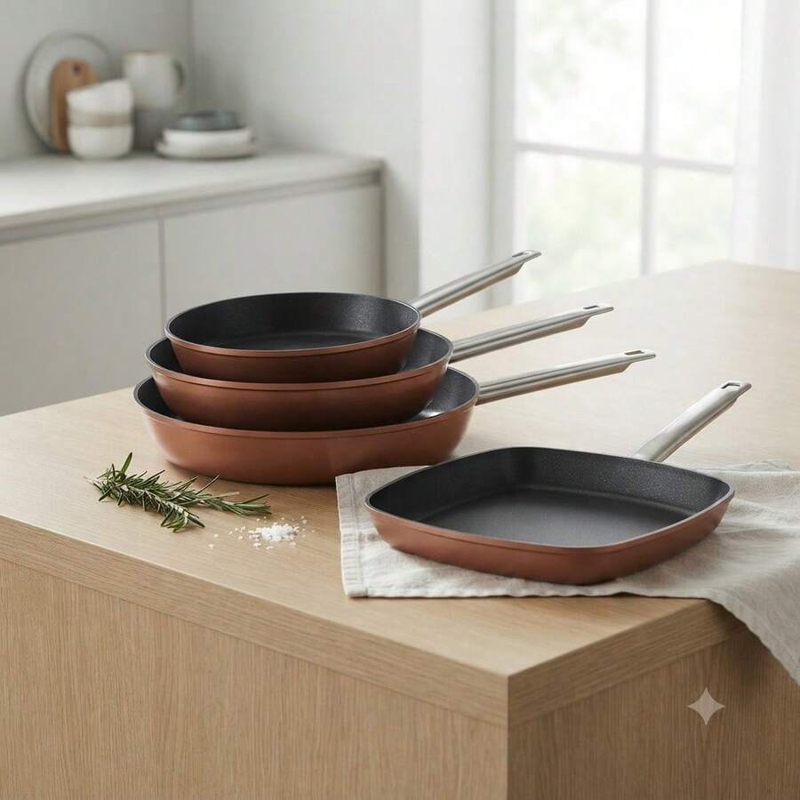 Ensemble de cuisine San Ignacio avec poêles à frire de 24/28/30 cm + rôtissoire de 24 cm, batterie de cuisine complète, matériaux durables et pièces pratiques pour la maison - Grille en bronze - Voir 1