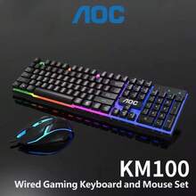 AOC KM100 Gaming Keyboard & Mouse Combo, RGB Backlit, Ergonomic Design, Black, USB Wired, Mechanical Keyboard For PC - View 1