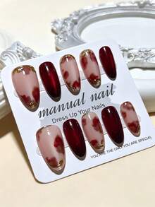 10pcs Oval-Shaped Gold Rimmed Ombre Floral Nail Art Stickers, Fashionable And Exquisite, Easily Create Nail Art Designs, Add Romantic Flair To Fashionable Girl's Fingertips, Showcase Bold Style. Suitable For Parties, Galas And Daily Wear, An Excellent Gift For Ladies And Girls Nails - Red - View 3