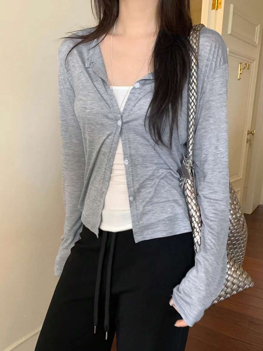 純色前開扣學院風清新白色月光女款優雅上衣 - 灰色 - 查看 1