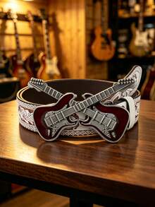 1pc Valentine's Day, Carnival, Halloween, Christmas, Birthday Gift, 3D Guitar Head Buckle Belt, Handmade Embossed Scroll Pattern PU Belt - Multicolor - View 11