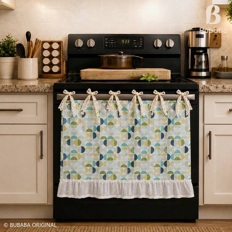 Farmhouse Style Oven Door Curtain With Lace Tie, Semi-Transparent Textured Polyester Kitchen Decor, Decorative Oven Handle Cover Curtain, 30 X 21.3 Inches - Multicolor - View 1