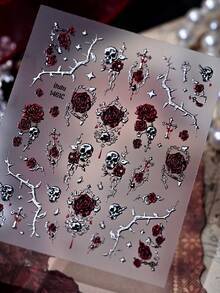 Red Rose Skull & Thorns 5D Embossed Nail Stickers, Dark Gothic Blood Red Rose & Cross Subculture Cool Spicy Long Wearable Nail Decor - Multicolor - View 8