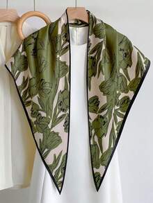 1pc 88*136*64cm Sketch Tulip Flower Print Triangle Scarf, Thin Imitation Silk, Multi-Purpose Scarf, All Seasons Suitable For Daily Outing & Party - Multicolor - View 7
