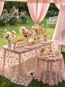 1pc Pink Butterfly Mesh Tablecloth, Double-Sided Polyester Lace Table Cover, Size 220*130cm, Wedding Decoration, Bridal Shower Decor, Birthday Party Decor, Banquet Table Decor, Anniversary Celebration, Table Decoration - Pink Butterfly - View 6