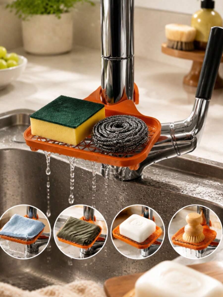 4pcs Stainless Steel Kitchen Sink Storage Rack With Faucet Mount, Suitable For Home Sponge, Dishcloth, Dishwashing And Draining, With Hanging Basket