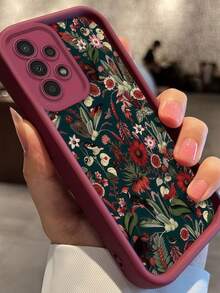 1pc Dark Green Plant & Floral Print Phone Case, Burgundy Leather Frame Shockproof Soft TPU Protective Cover, Compatible With GALAXY, HONOR, Phones - Burgundy - View 2
