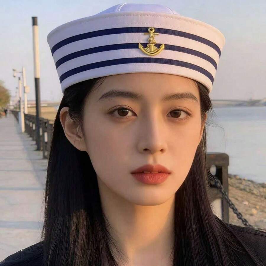 Halloween Cosplay Sailor Hat, Holiday Party Costume Accessory, Captain Navy Hat, Nautical Hat, Sailor Captain Cap, Round Top 6-Panel Brimmed Hat - Multicolor - View 1
