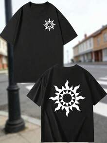 T-Shirt aus Baumwolle mit doppelseitigem Druck, hypoallergenes Gewebe, himmlisches Motiv einer weißen Sonnenexplosion, minimalistisches Sonnenstrahl-Design, spiritische Boho-Ästhetik, conc - Schwarz - Übersicht 1