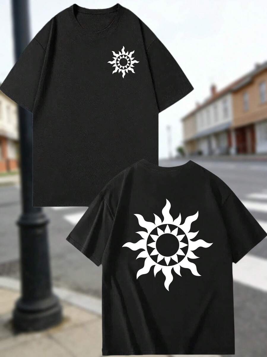 T-Shirt aus Baumwolle mit doppelseitigem Druck, hypoallergenes Gewebe, himmlisches Motiv einer weißen Sonnenexplosion, minimalistisches Sonnenstrahl-Design, spiritische Boho-Ästhetik, conc - Schwarz - Übersicht 1