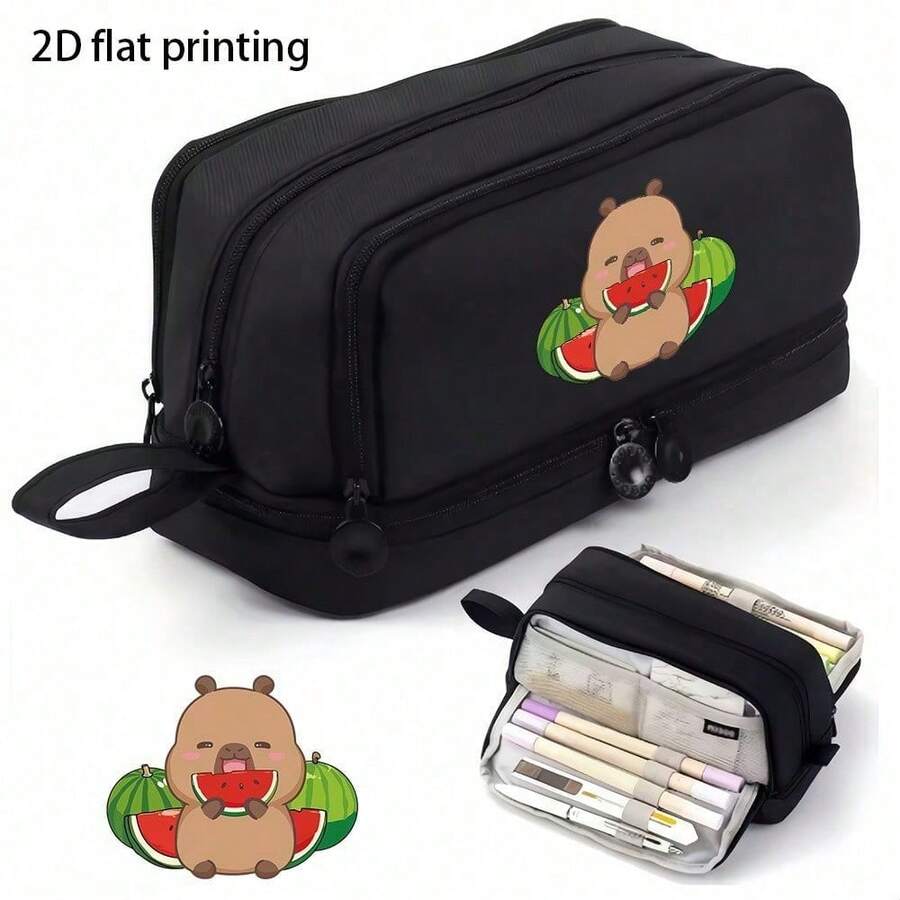 Capybara-Themed Pencil Case Featuring A Cartoon Print, Designed With A Spacious Double Zipper For Organizing Stationery, Back To , First Day Of School - Multicolor - View 1
