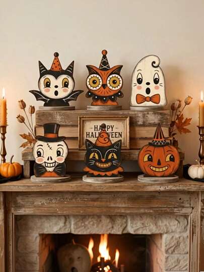 Vintage Halloween Decor Figurines, Ghost, Pumpkin, Black Cat, Skeleton, Bat, Owl Shapes, Vintage Home Decor Halloween Decoration Suitable For Home, Party, Farmhouse Decoration, Perfect Gift For Family, Friends And Colleagues