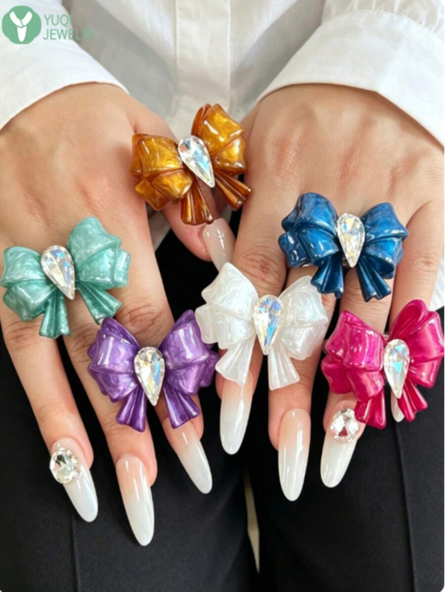 Y2K Dopamine Colorful Bow Resin Ring, Shiny Water Drop Rhinestone Large Open Ring, Sweet Girl Party Jewelry Gift - Multicolor - View 1