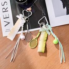 Y2K Tennis Racket Bag Charm, Handmade Braided Rope Keychain, Cute Ribbon Pendant, Aesthetic Phone Strap Accessory For Handbag Backpack - Multicolor - View 3