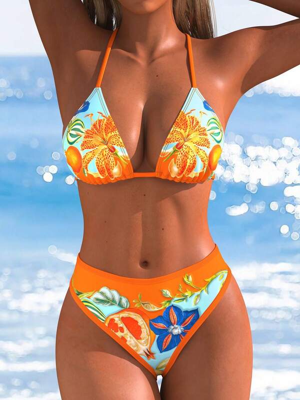 New Fashion Women's Casual Halter Triangle Bikini Set, Floral & Fruit Print, Suitable For Summer Beach, Vacation, Date, Party Wear