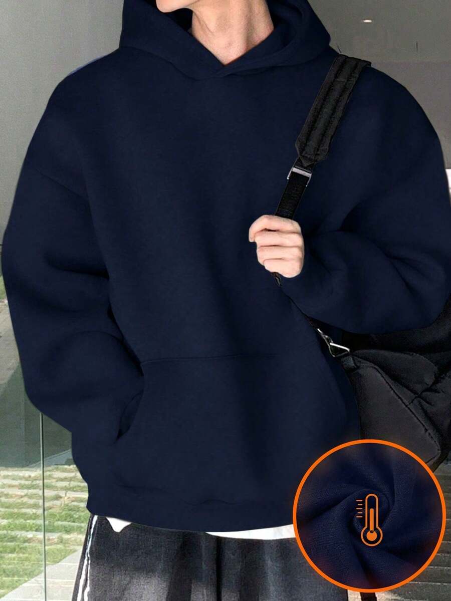 1pc Teen Boy Design Versatile Personalized Fashion High Street Loose Fleece Hooded Sweatshirt Spring Autumn (Actual Size Runs Small, Recommend Ordering One Size Up Based On Image Effect) - Navy Blue - View 1