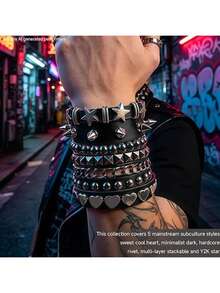 Xiacheng Punk Rock Leather Bracelet Set, Stackable Black Cuffs, Hearts, Stars And Chains, Gothic Emo Jewelry For Men Women, Perfect For Halloween & Concerts - Multicolor - View 4