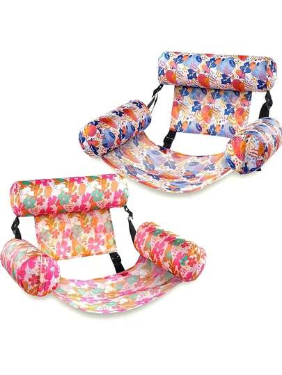1 pieza Hamaca flotante inflable, tumbona flotante plegable con diseño impreso, sofá de agua con respaldo para piscina para fiesta en la piscina