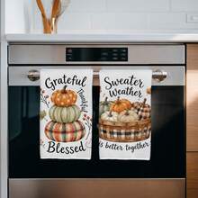 2PCS Kitchen Towels Plaid Stacked Pumpkin Thanksgiving Theme Print 40*60cm Autumn Minimalist Style Rectangular Microfiber Kitchen Towels, Dish Cloths, Tablecloths, Hand Towels, Thanksgiving Kitchen Decor, Home Decor, Neighbor Housewarming Gift, Perfect For Kitchen And Bathroom Use, Suitable For Housewives And Family Gathering Gifts, High Cost-Performance, Home Essential - Multicolor - View 5