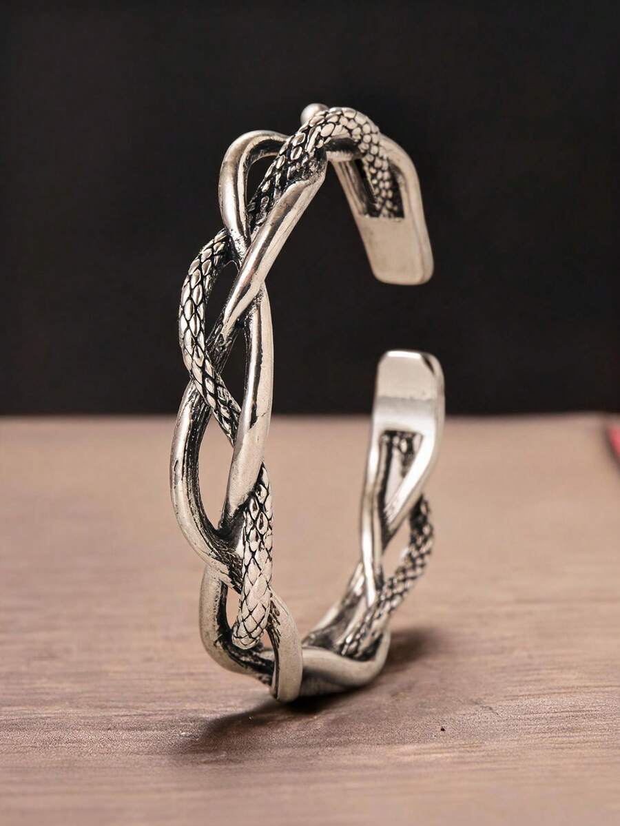 1 pieza Brazalete de bangle abierto tejido a mano, accesorio diario para hombres para un aspecto elegante - Plateado - Ver 1