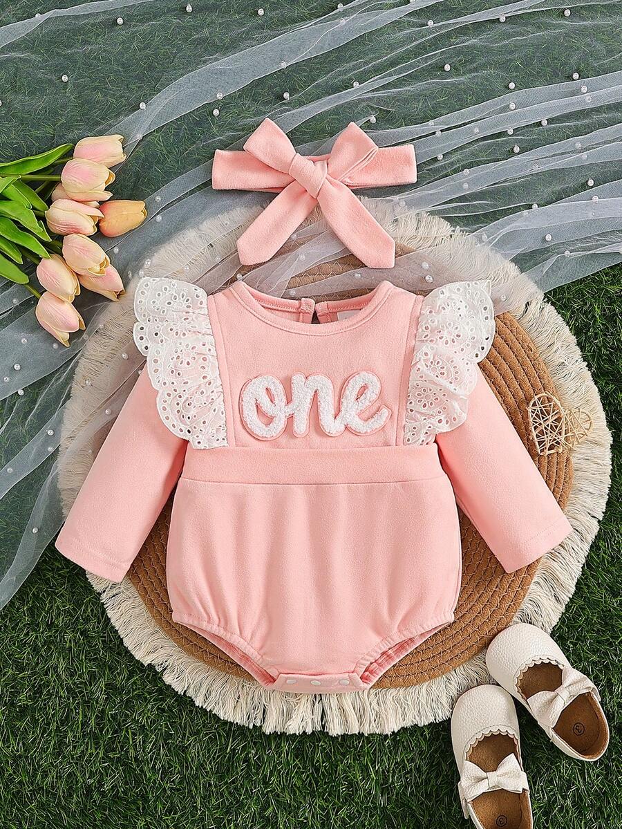 Baby Girl 2pcs Set Casual Cute Knitted Fleece Letter Embroidery Ruffle Bow Decor Bodysuit With Headband, Suitable For Daily Wear And Party - Pink - View 1