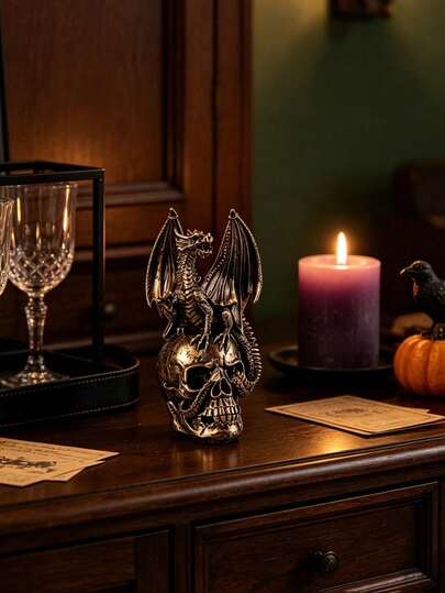 1pc Resin Dragon On Skull Figurine, Gothic Winged Dragon Skeleton Statue, Spooky Tabletop Ornament For Halloween Decor Dark Fantasy Home Desktop Gift