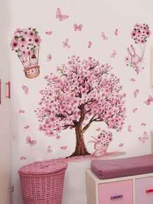 1pc Pink Cherry Blossom Cute Rabbit Bouquet Butterfly Wall Decor Sticker, Removable Room Decoration Wall Decal For Bedroom, Living Room, Girls' Children's Room - 1PC - View 2