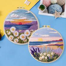 1件 20*20cm/7.9*7.9in 紫色海灘刺繡套件,DIY手工刺繡套裝,適合成人初學者,居家禮物,女性縫紉禮物,包含使用說明書、印花布料、刺繡框、針與線 - A - 查看 10