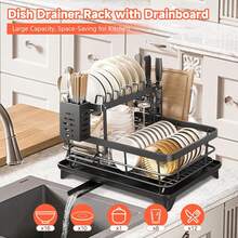 2 Layer Dish Drying Rack Kitchen Sink Drainer With Drainboard,Cup Holder,Plate Rack,Spoon Holder,Bowl Rack,Chopping Board Rack,2PCS Sponge Brush - Black - View 5