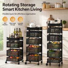 Kitchen Rotating Storage Trolley Cart, 360° Swivel Utility Vegetable Fruit Mobile Shelf Rack With Magnetic Top Tray & Lockable Wheels, 3/4/5 Tier Black Metal Mesh Organiser - 黑色 - 查看 1