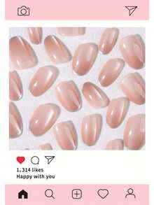 24pcs Y2K Short Oval Lotus Pink Cat Eye Press-On Nails, Glitter French Nails, Acrylic Fake Nail Set, Includes 1pc Jelly Glue And 1pc Nail File, Suitable For DIY Use. - Multicolor - View 4